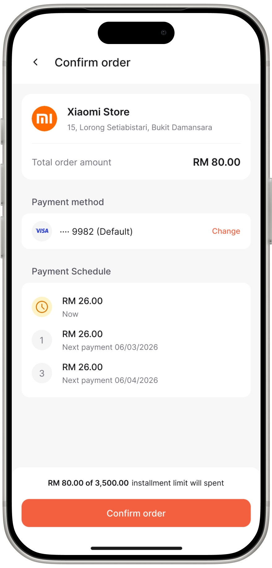 Confirm order с суммой, которая спишется с installment-лимита