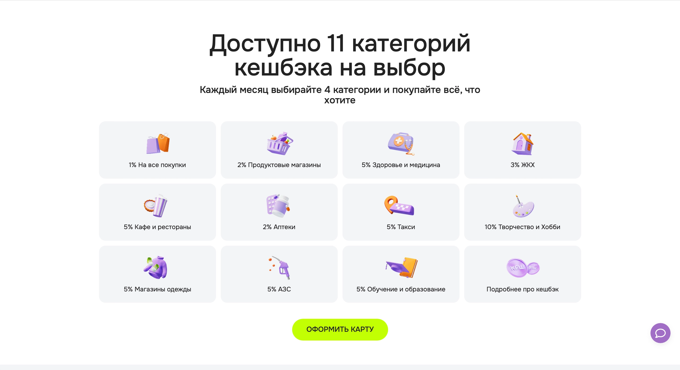 Страница дебетовой карты: выбор из 11 категорий кешбэка